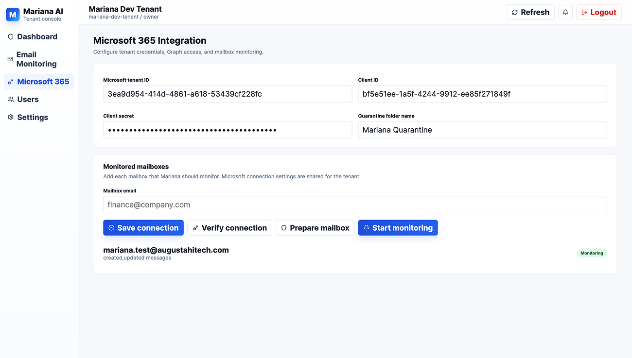Microsoft 365 integration configuration screen